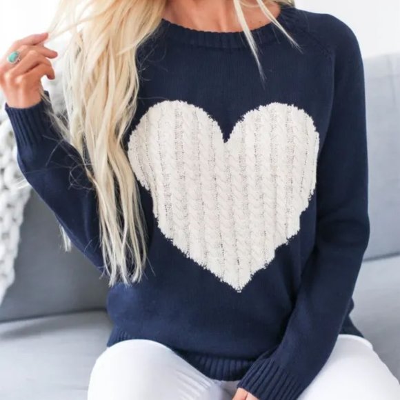 Ye Mak Sweaters - NEW Navy Oatmeal Cable Heart Cotton Blend Sweater